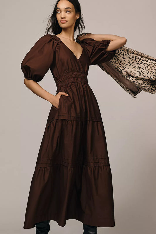 Maeve Smocked V-Neck Half-Sleeve Tiered Midi Dress