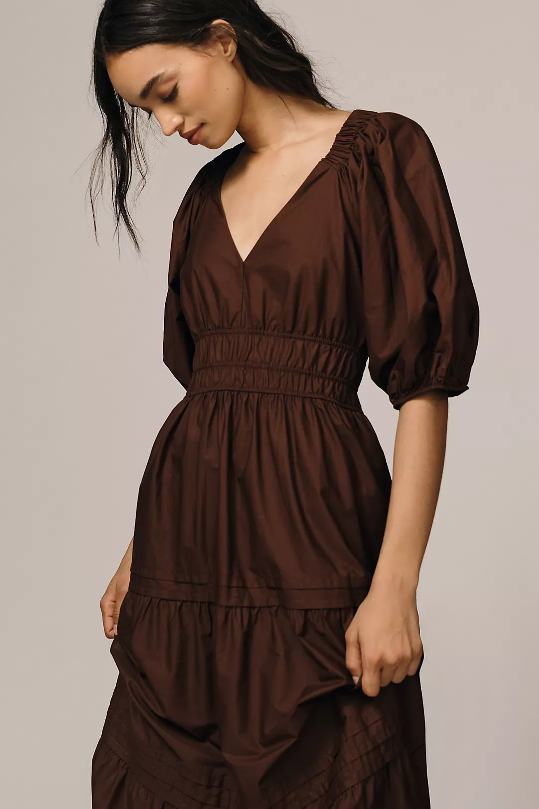 Maeve Smocked V-Neck Half-Sleeve Tiered Midi Dress
