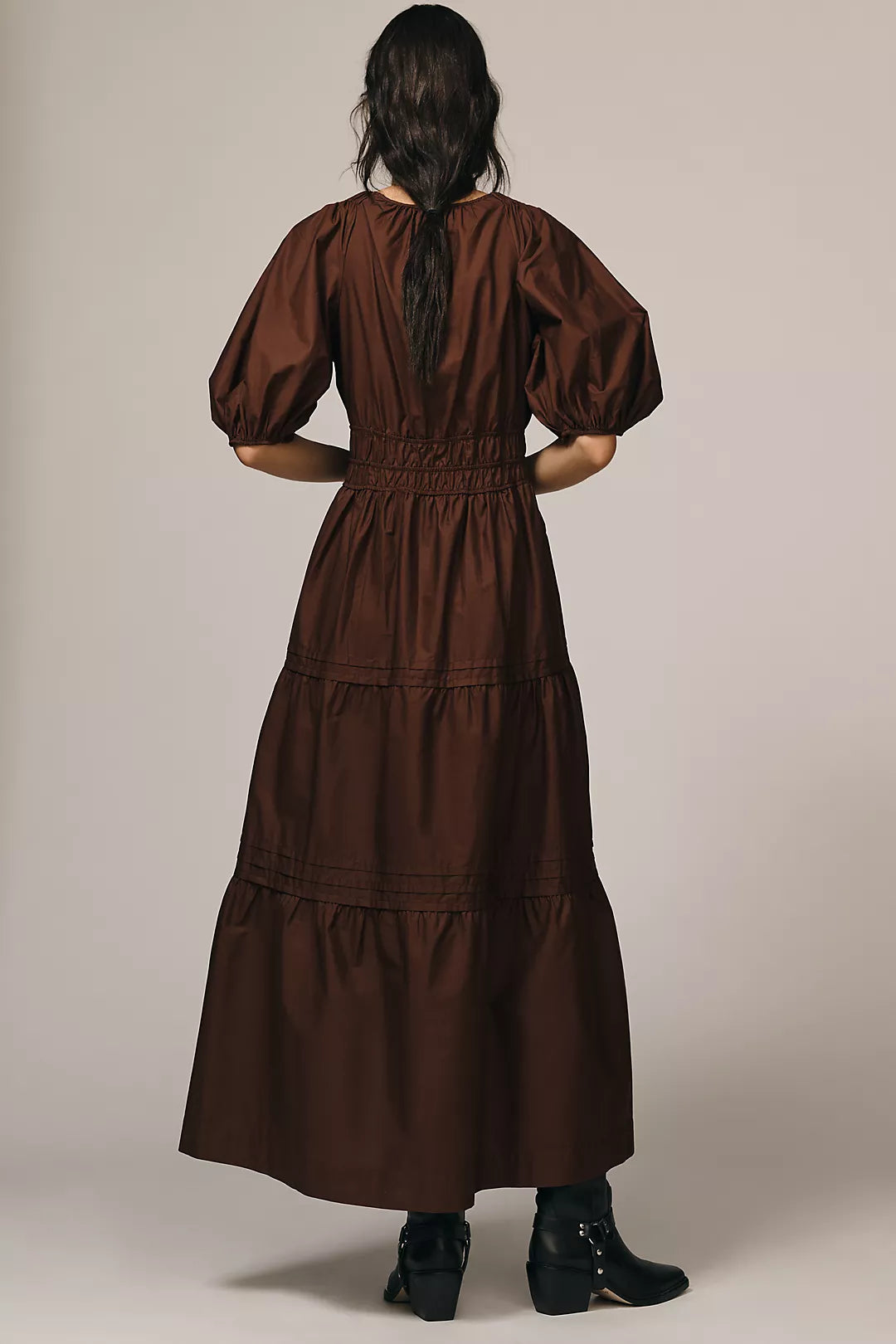 Maeve Smocked V-Neck Half-Sleeve Tiered Midi Dress