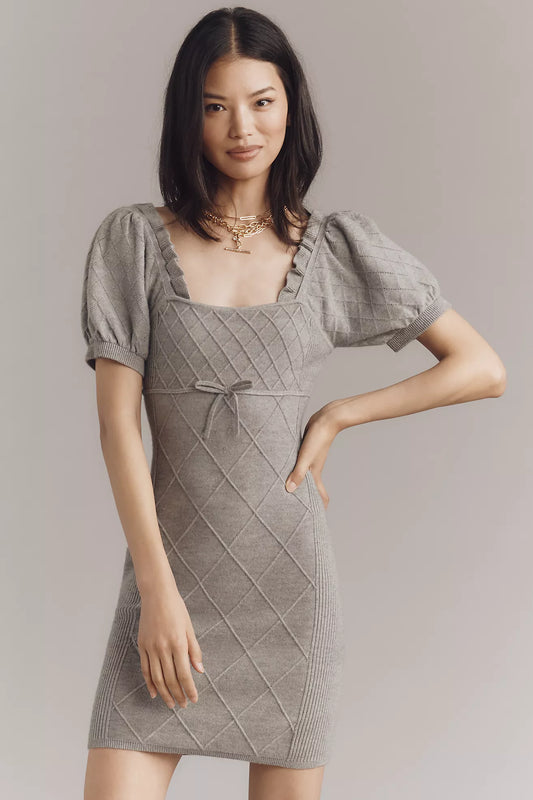 By Anthropologie Puff-Sleeve Crosshatch Sweater Dress