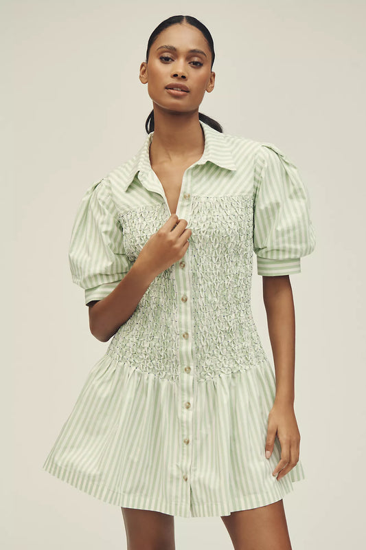 By Anthropologie Short-Sleeve Smocked A-Line Mini Shirt Dress