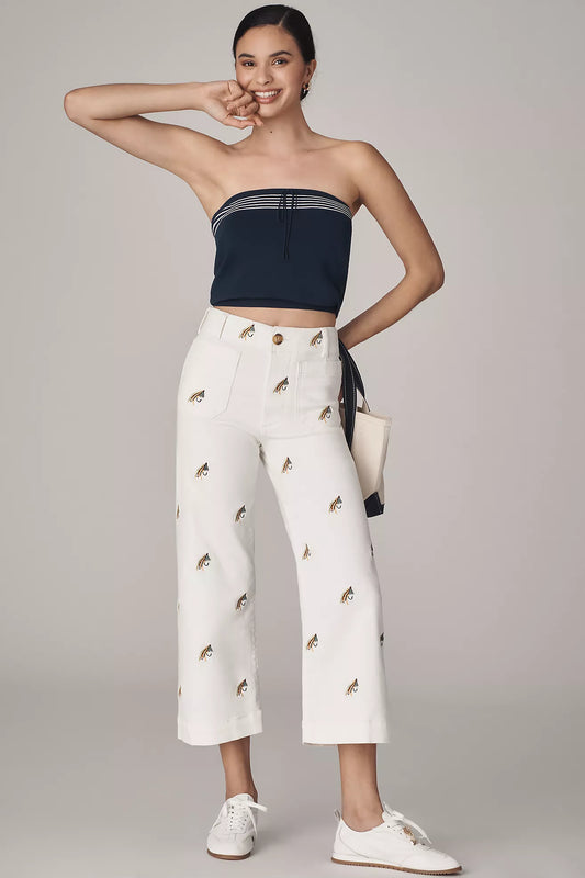 The Colette Embroidered Fishing Crop Wide-Leg Pants by Maeve