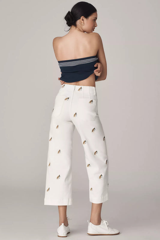 The Colette Embroidered Fishing Crop Wide-Leg Pants by Maeve