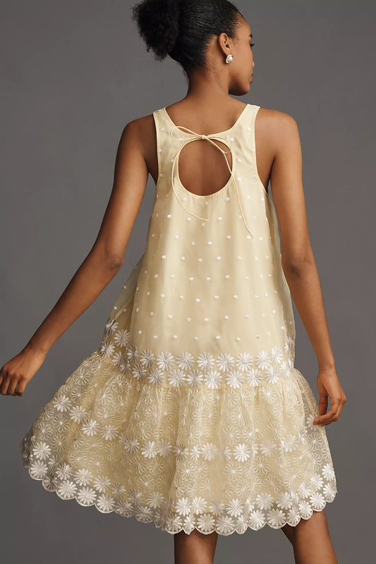 Maeve Sleeveless Scoop-Neck Daisy Border Drop-Waist Mini Dress