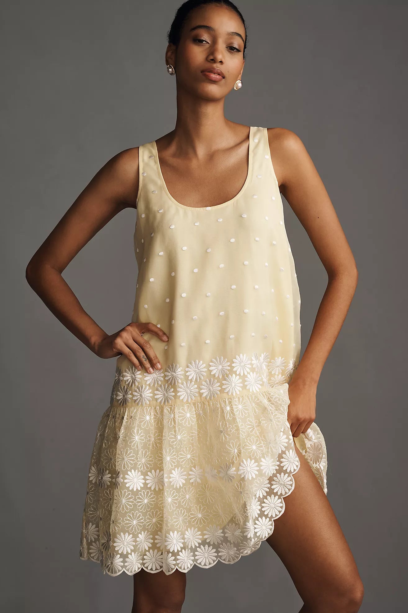 Maeve Sleeveless Scoop-Neck Daisy Border Drop-Waist Mini Dress