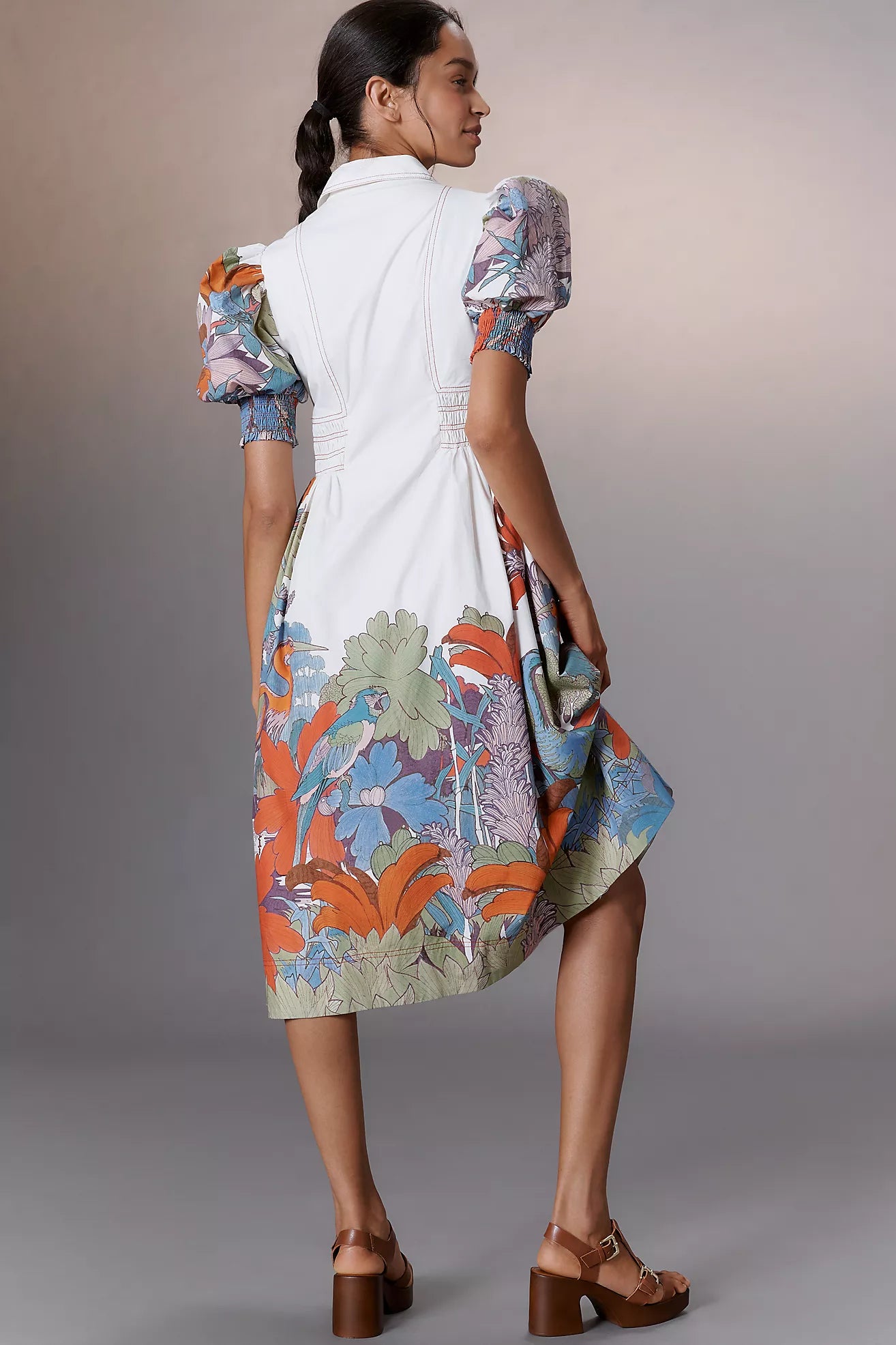 Maeve Puff-Sleeve Smocked Shirt Dress