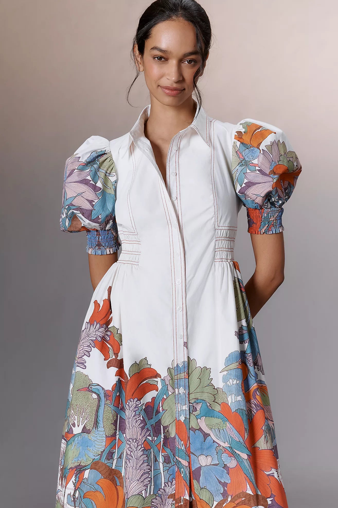 Maeve Puff-Sleeve Smocked Shirt Dress