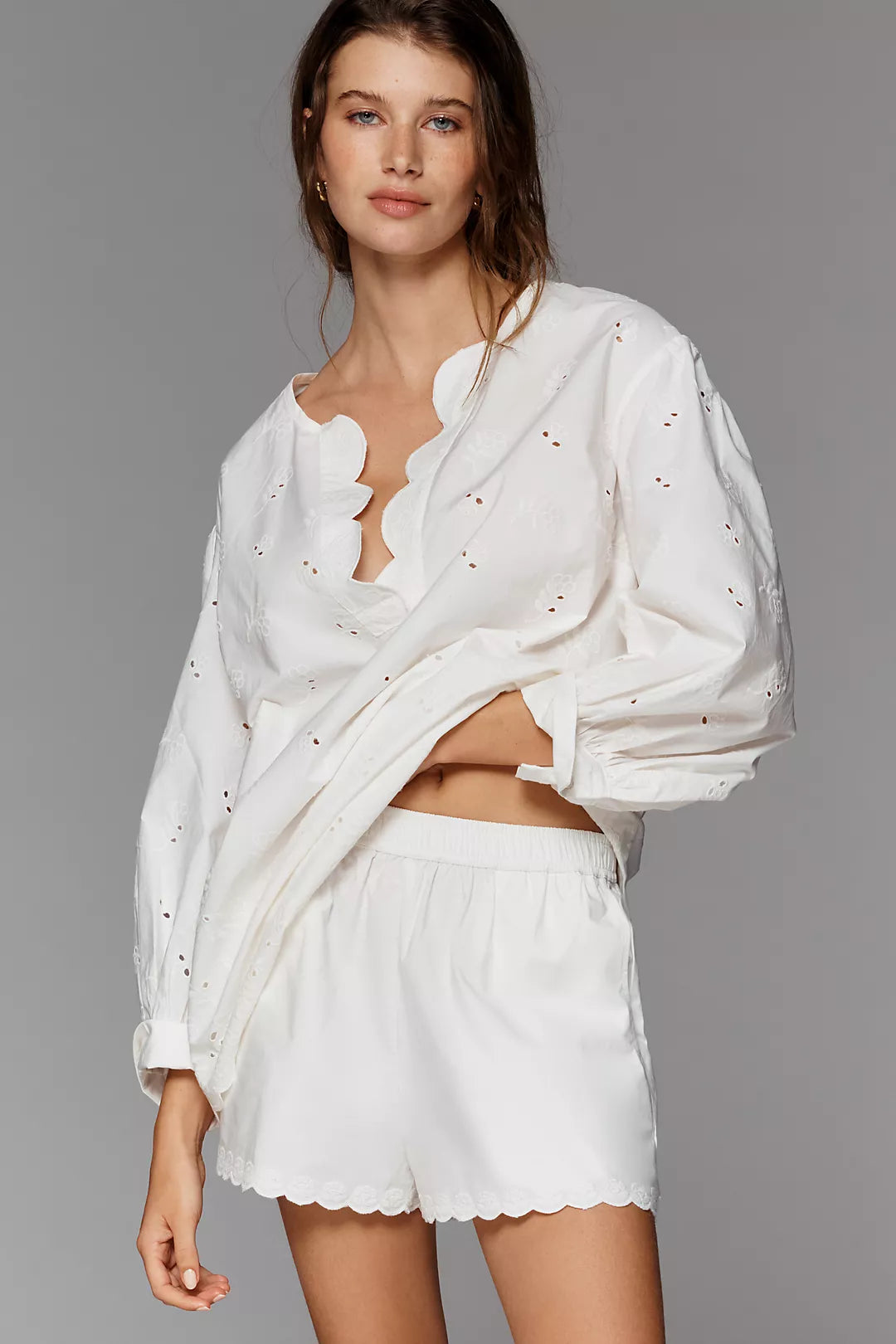 High-Rise Cotton Poplin Eyelet Shorts
