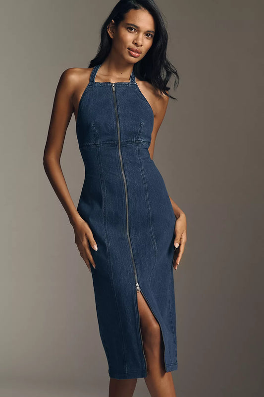 Pilcro Zip-Front Denim Halter Midi Dress