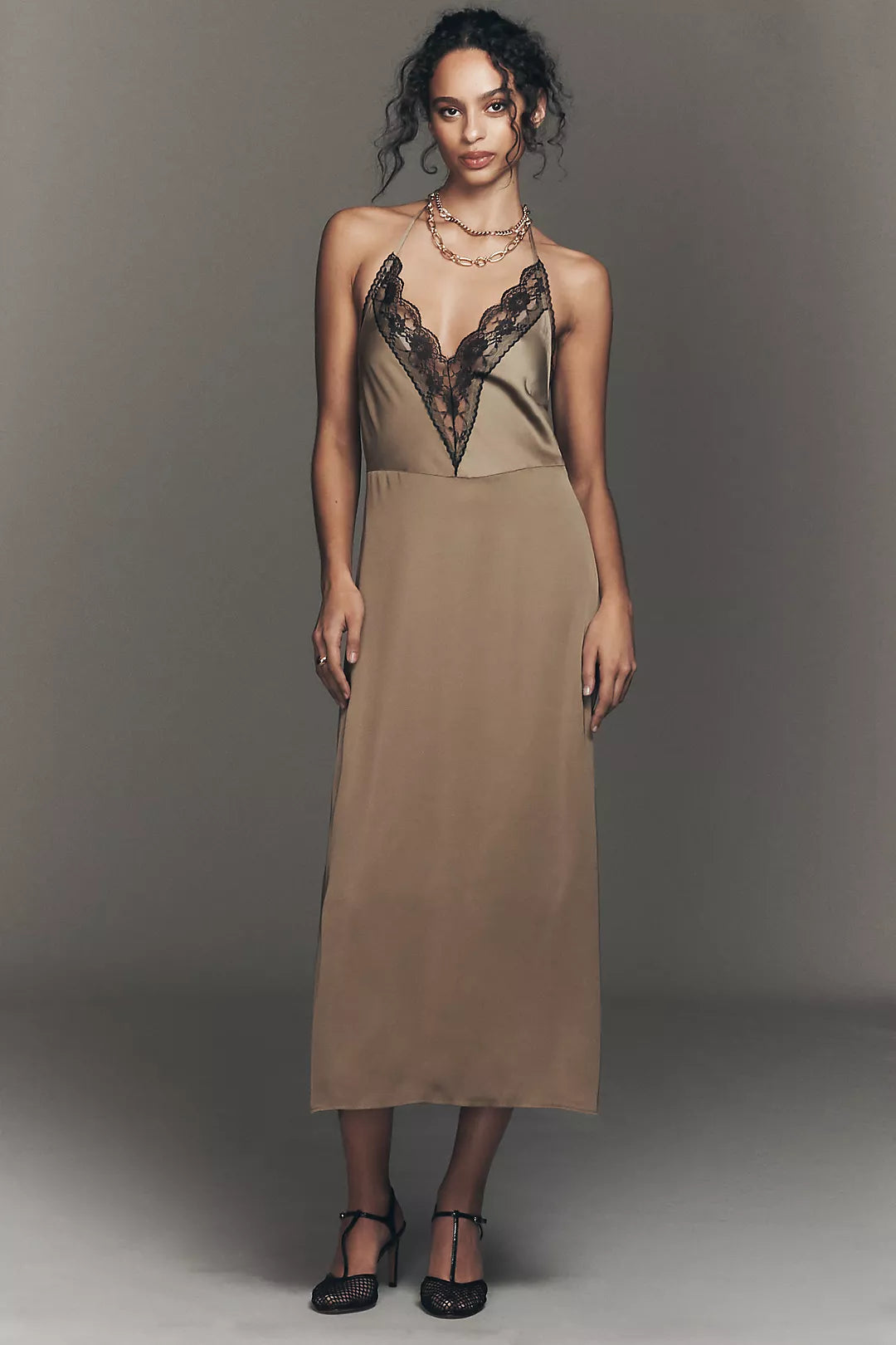 By Anthropologie Lace Halter Midi Slip Dress