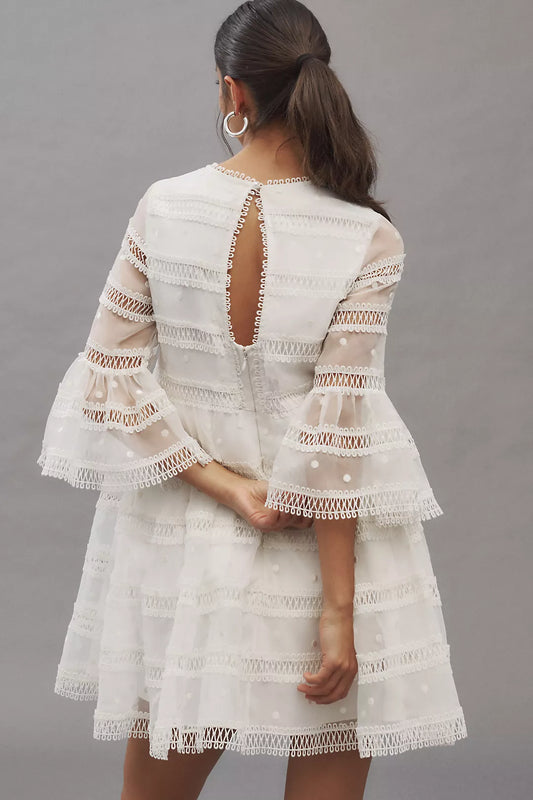 BHLDN Flared-Sleeve V-Neck Sheer Lace Babydoll Mini Dress
