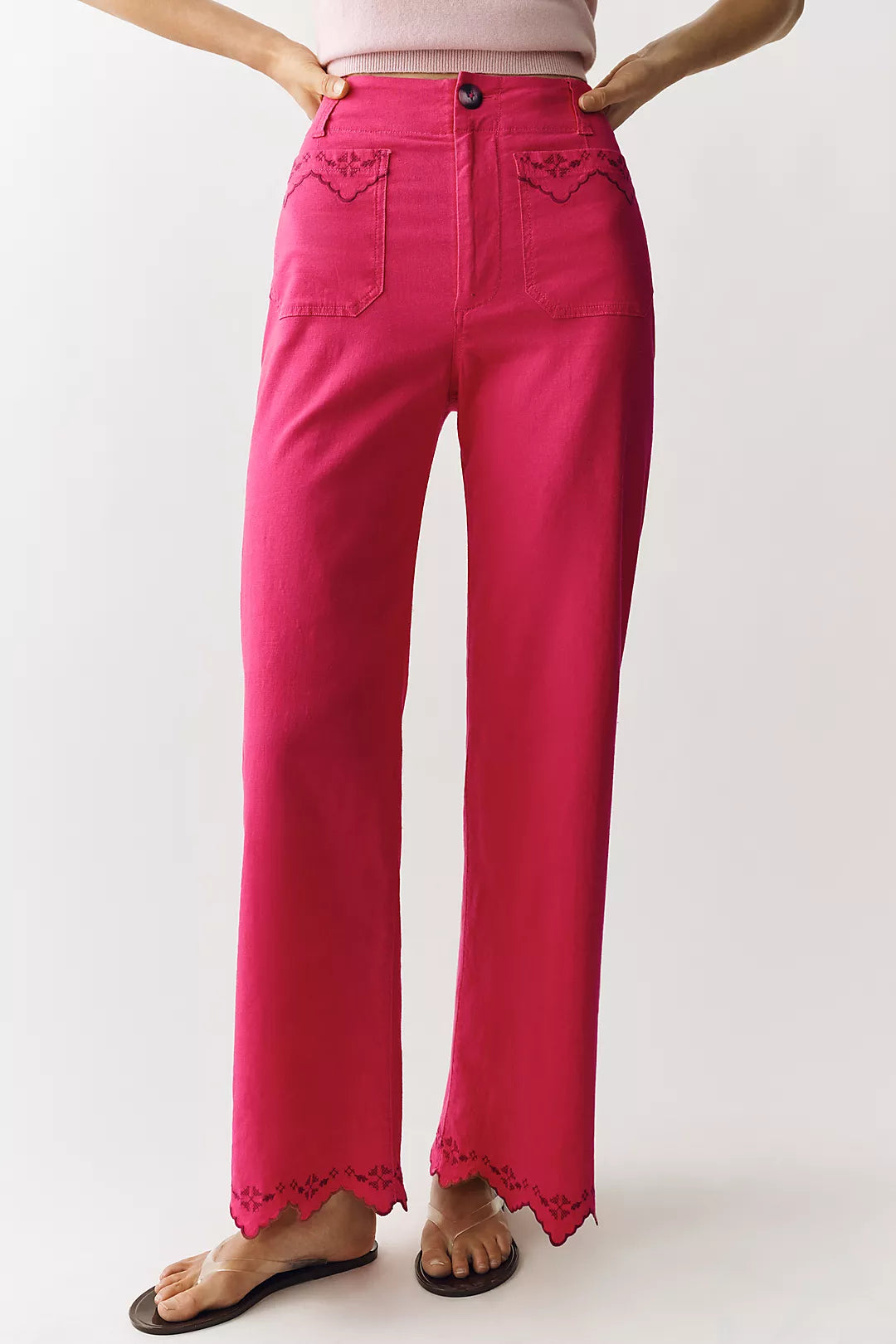 Colette Lace Trim High-Rise Wide-Leg Full-Length Pants