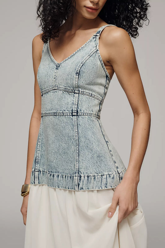 Moon River Denim V-Neck Midi Dress