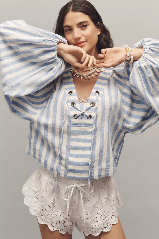 By Anthropologie Linen Dolman Lace-Up Blouse