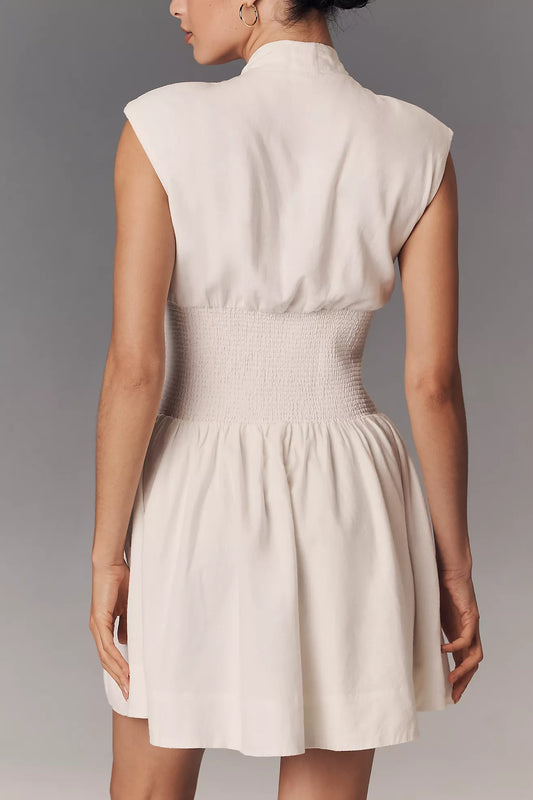 The Tommie Cap-Sleeve Smocked Front-Zip Shirt Dress: Linen Mini Edition