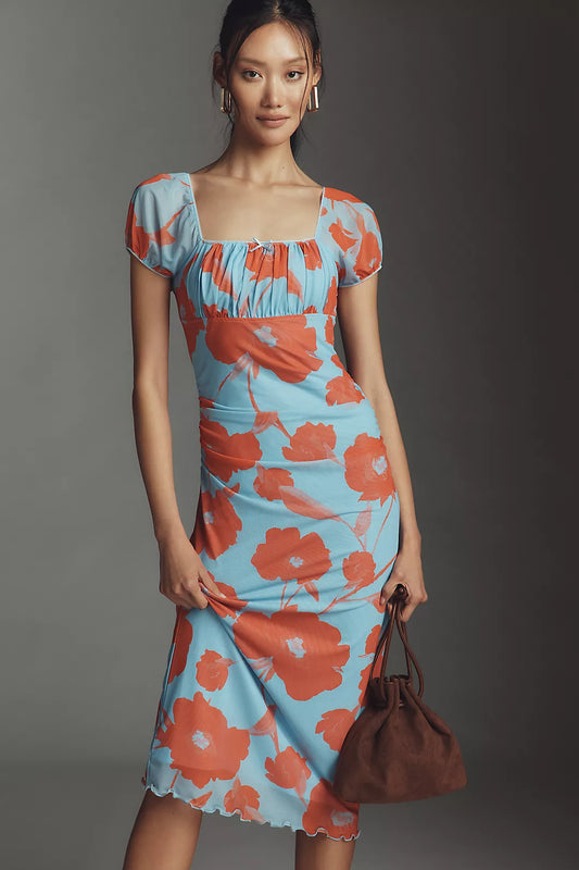 Maeve Puff-Sleeve Square-Neck Mesh Midi Dress