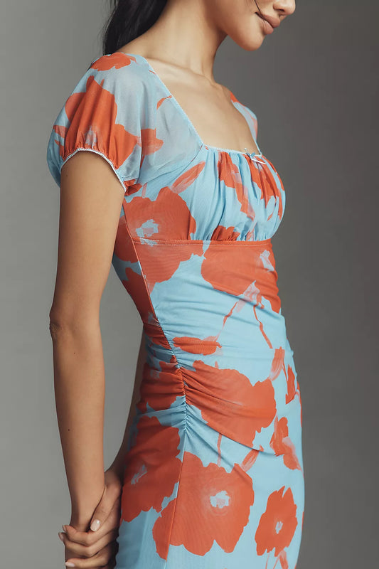 Maeve Puff-Sleeve Square-Neck Mesh Midi Dress