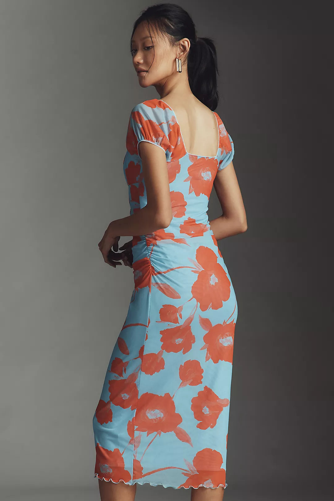 Maeve Puff-Sleeve Square-Neck Mesh Midi Dress