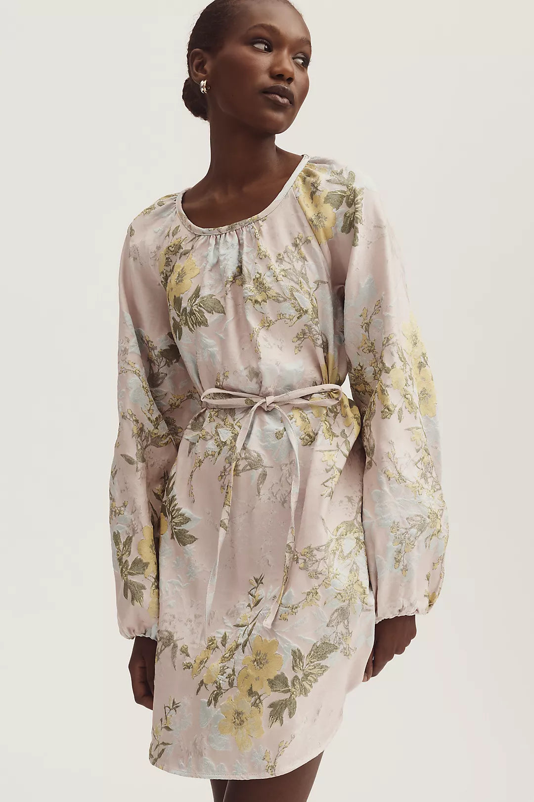 Siempre Long-Sleeve Scoop-Neck Brocade Mini Dress