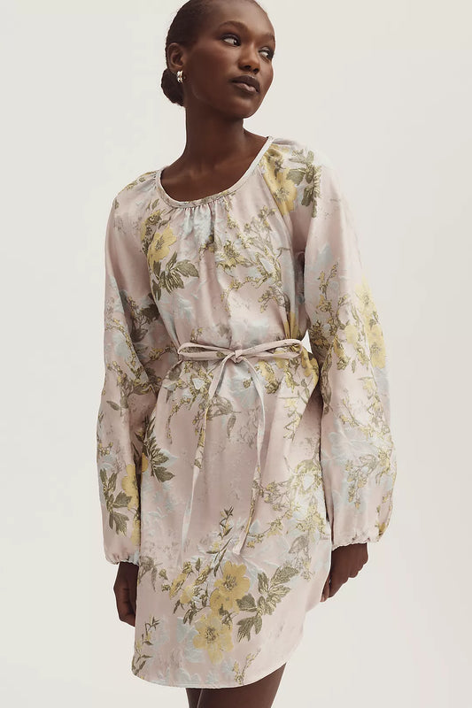 Siempre Long-Sleeve Scoop-Neck Brocade Mini Dress