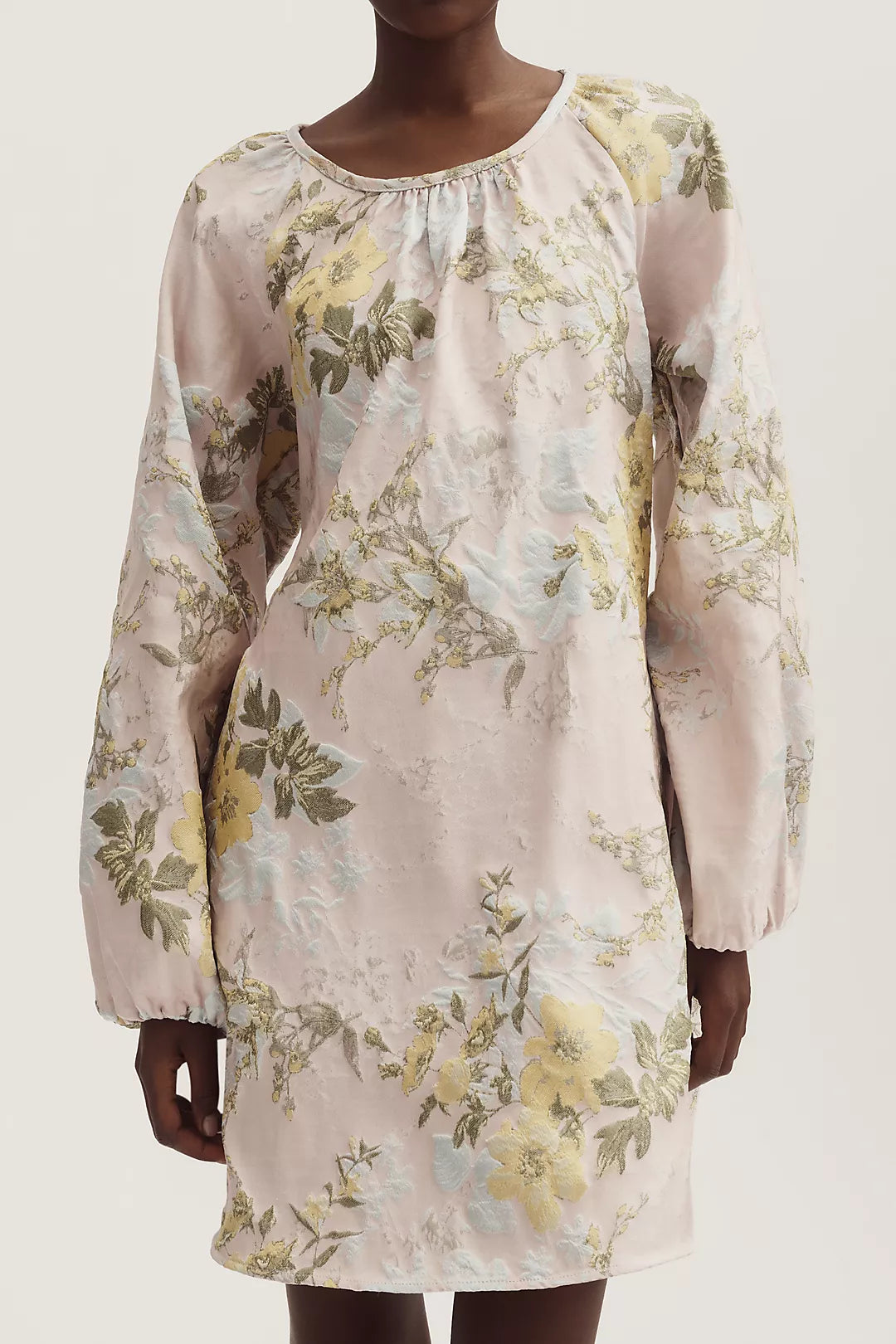 Siempre Long-Sleeve Scoop-Neck Brocade Mini Dress