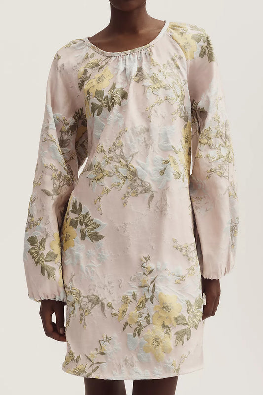 Siempre Long-Sleeve Scoop-Neck Brocade Mini Dress