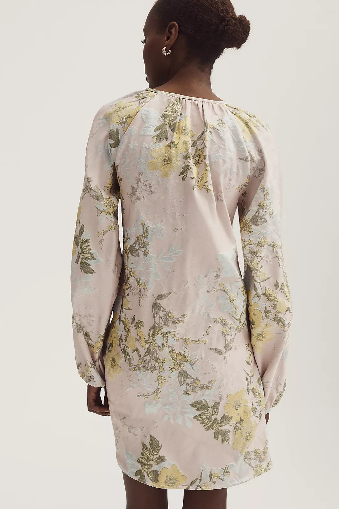 Siempre Long-Sleeve Scoop-Neck Brocade Mini Dress