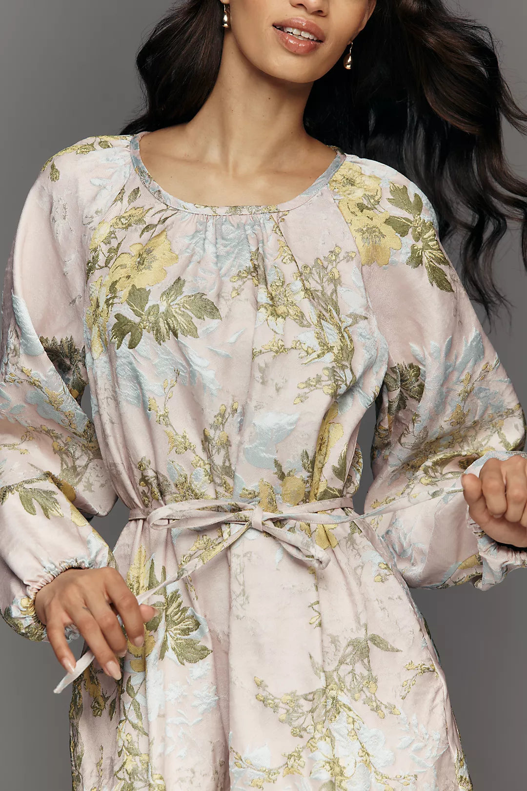Siempre Long-Sleeve Scoop-Neck Brocade Mini Dress