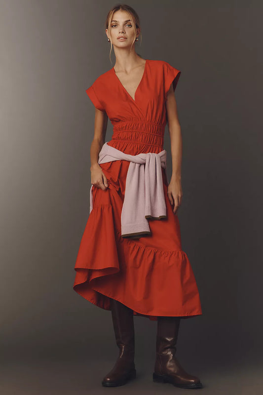 Maeve Cap-Sleeve V-Neck Smocked Midi Dress