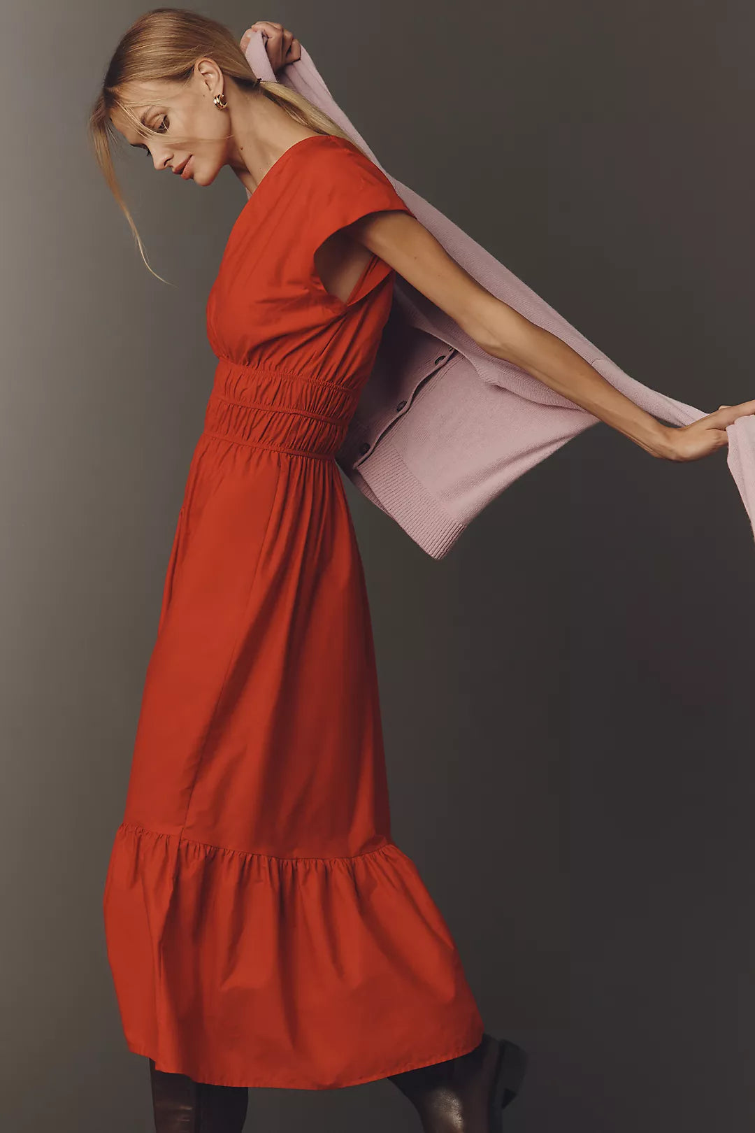 Maeve Cap-Sleeve V-Neck Smocked Midi Dress
