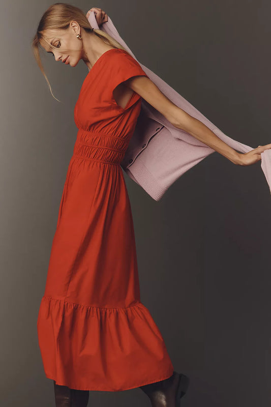 Maeve Cap-Sleeve V-Neck Smocked Midi Dress