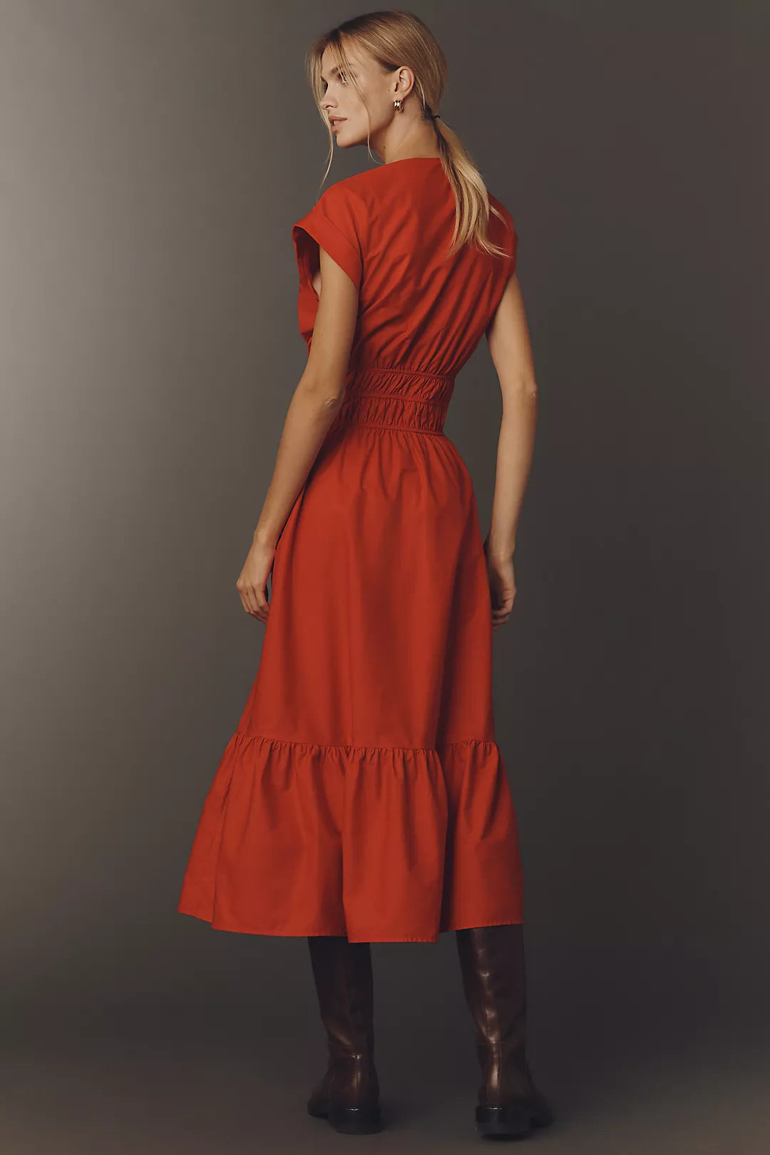 Maeve Cap-Sleeve V-Neck Smocked Midi Dress