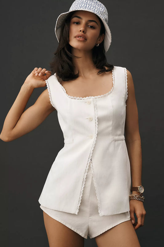 By Anthropologie Longline Lace-Trim Linen Blend Vest