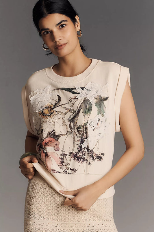 By Anthropologie Floral Appliqué Muscle Tank