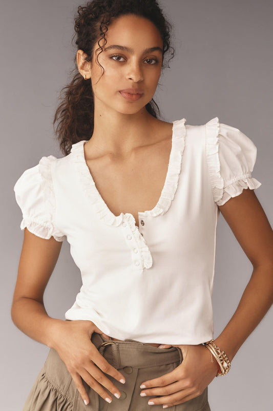 Maeve Puff-Sleeve Ruffle Henley T-Shirt