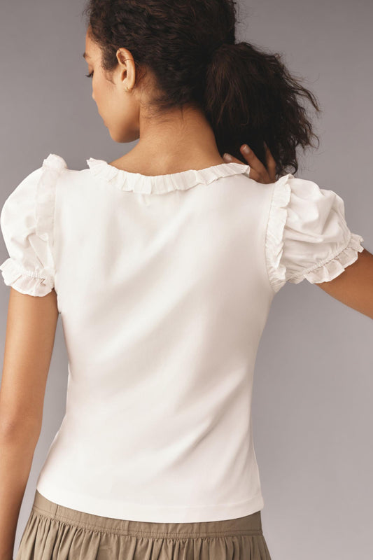 Maeve Puff-Sleeve Ruffle Henley T-Shirt