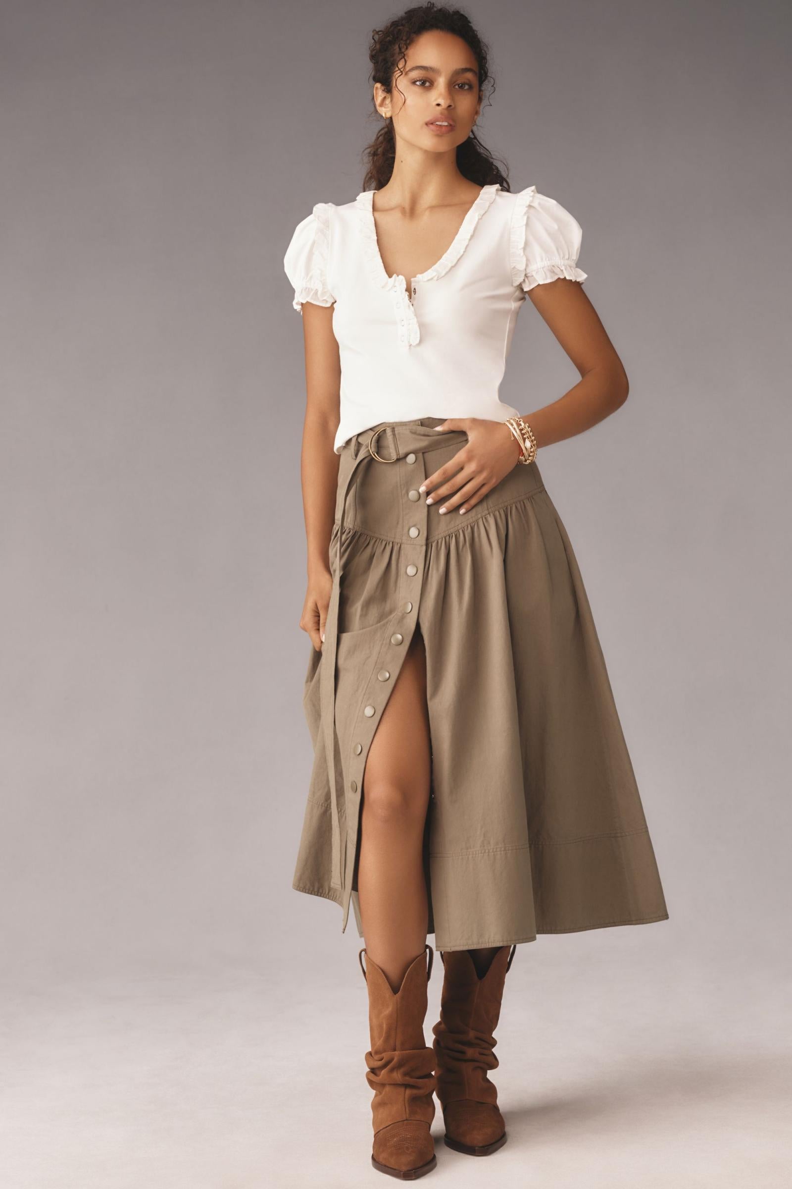 Maeve Puff-Sleeve Ruffle Henley T-Shirt