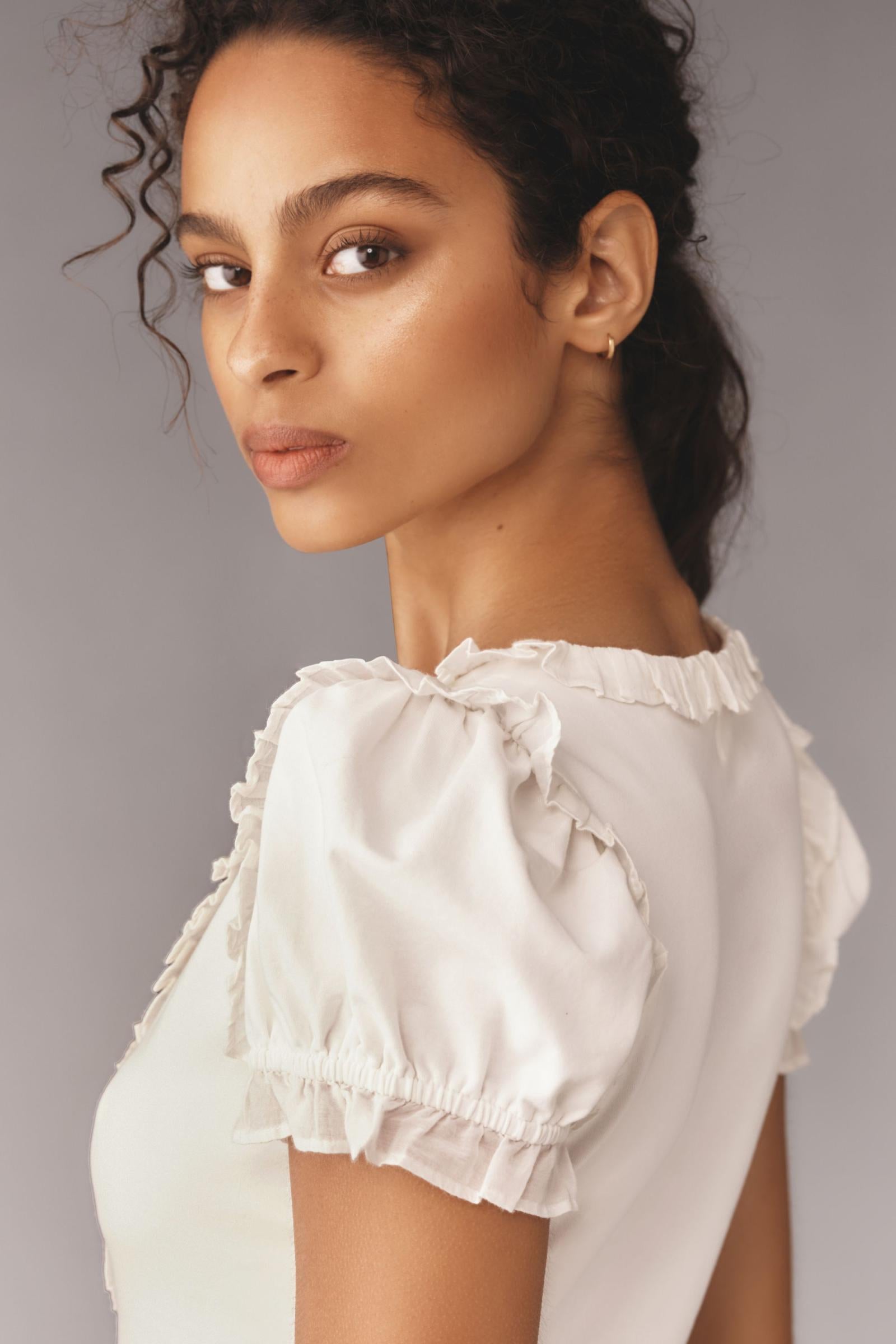 Maeve Puff-Sleeve Ruffle Henley T-Shirt