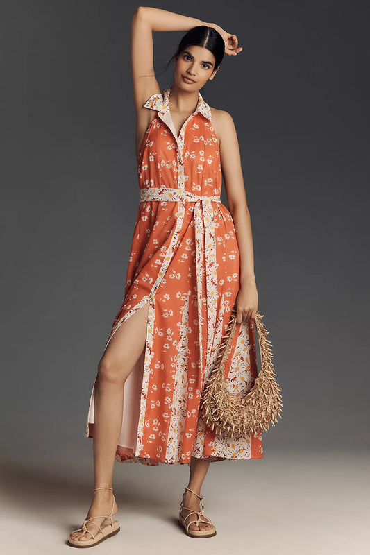 Maeve Halter Open-Back Godet Midi Shirt Dress