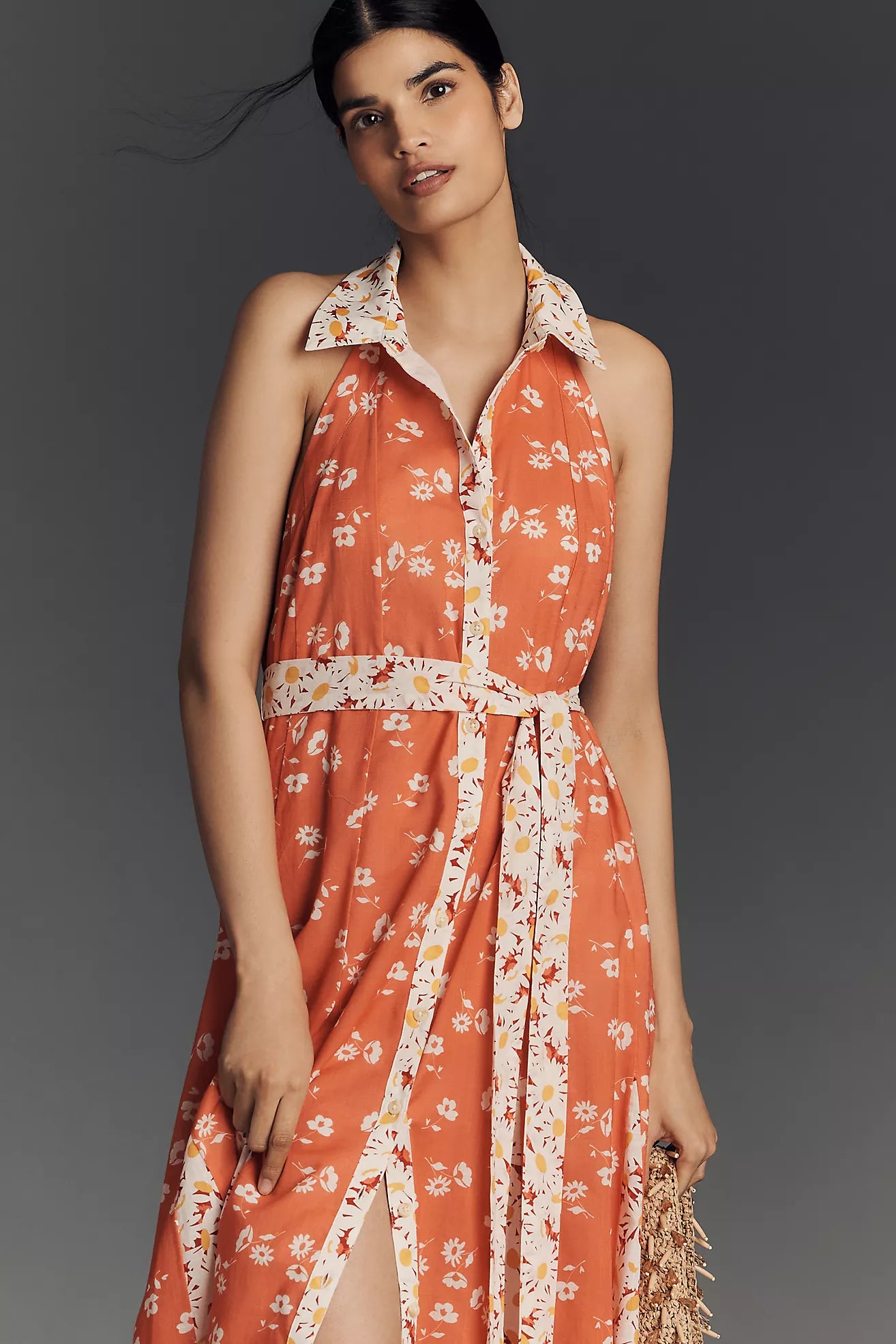 Maeve Halter Open-Back Godet Midi Shirt Dress