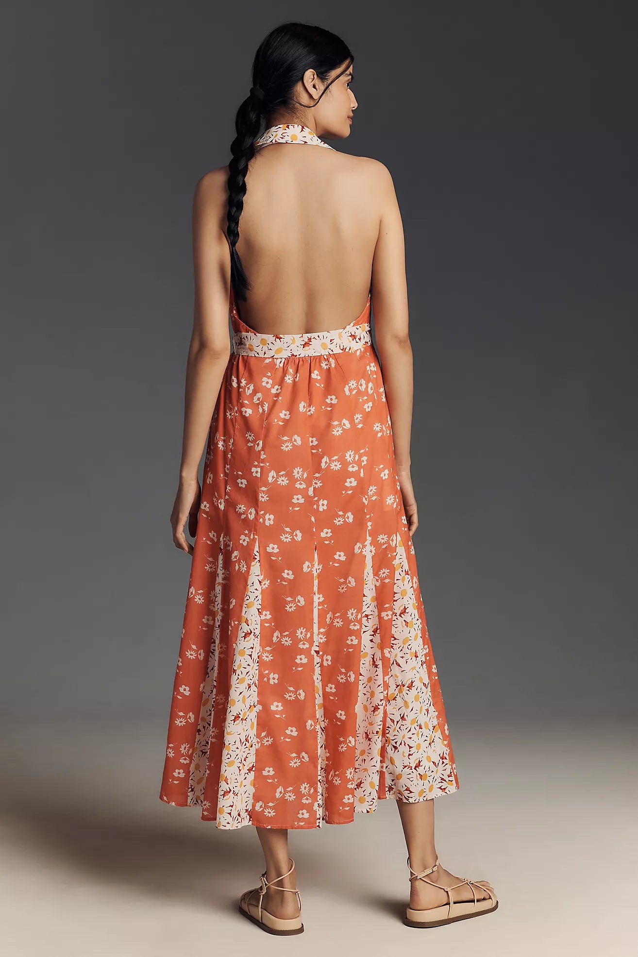 Maeve Halter Open-Back Godet Midi Shirt Dress