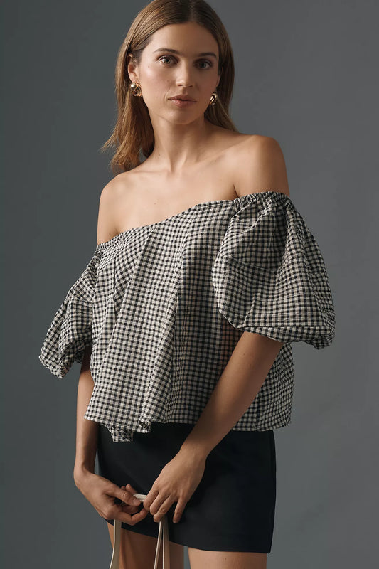 Maeve Puff-Sleeve Off-The-Shoulder Gingham Top