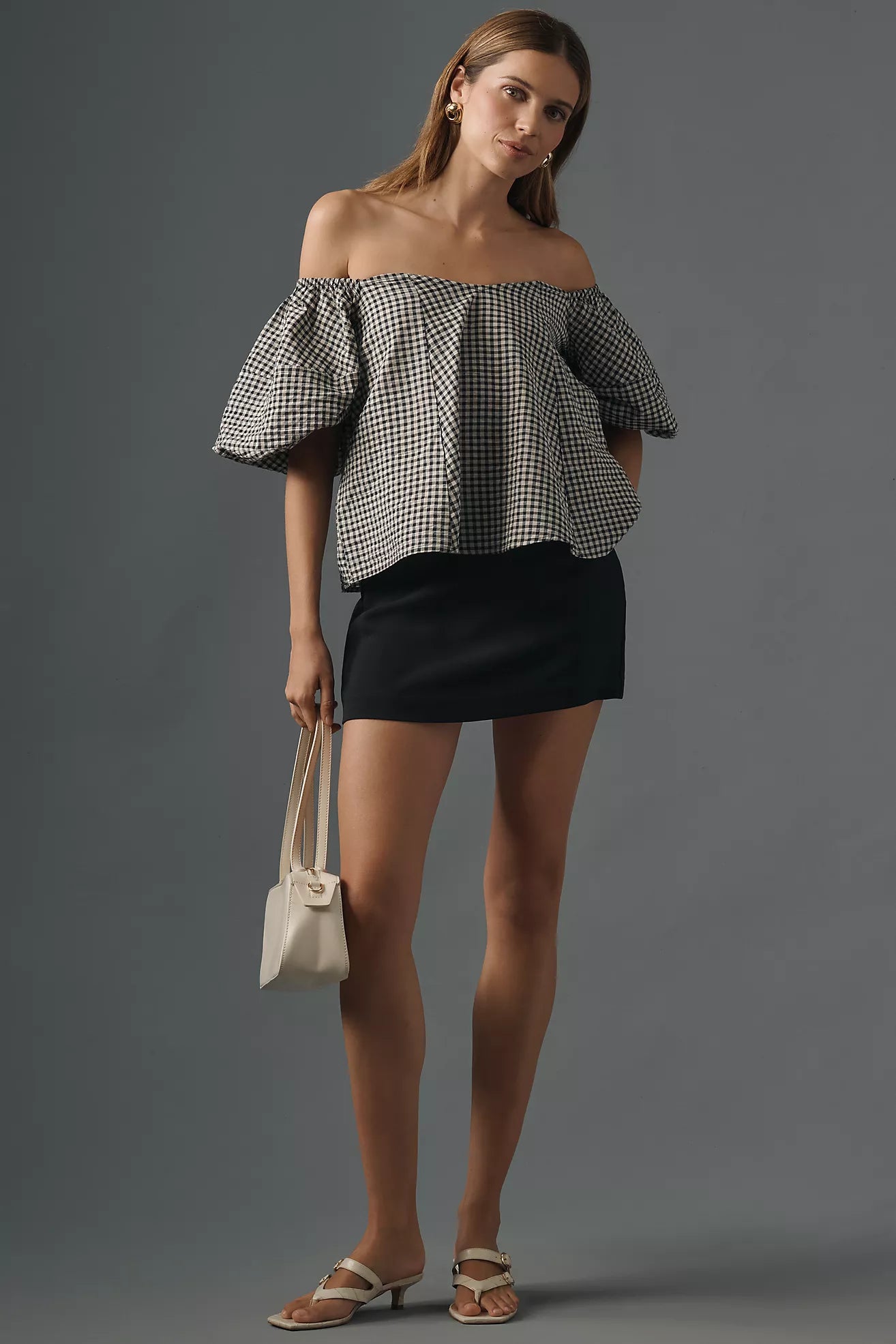 Maeve Puff-Sleeve Off-The-Shoulder Gingham Top