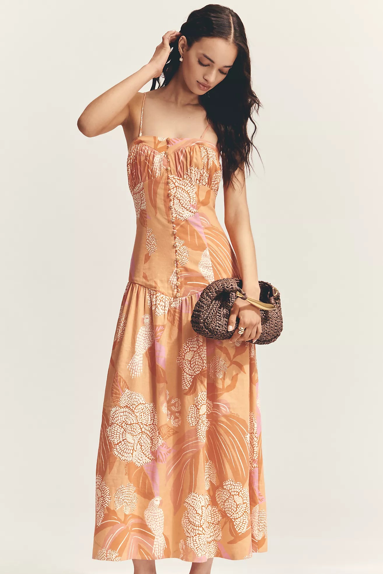 Farm Rio x Anthropologie Linen Blend Strapless Drop-Waist Maxi Dress