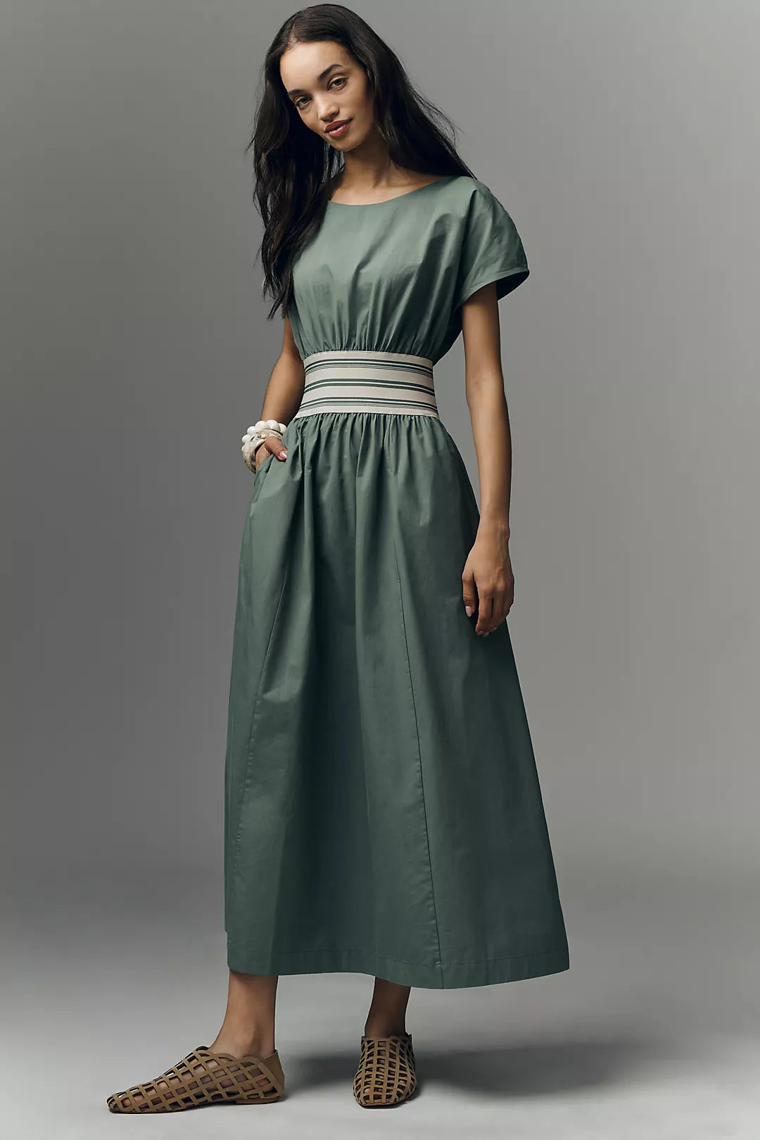 By Anthropologie Waisted Short-Sleeve A-Line Midi Dress