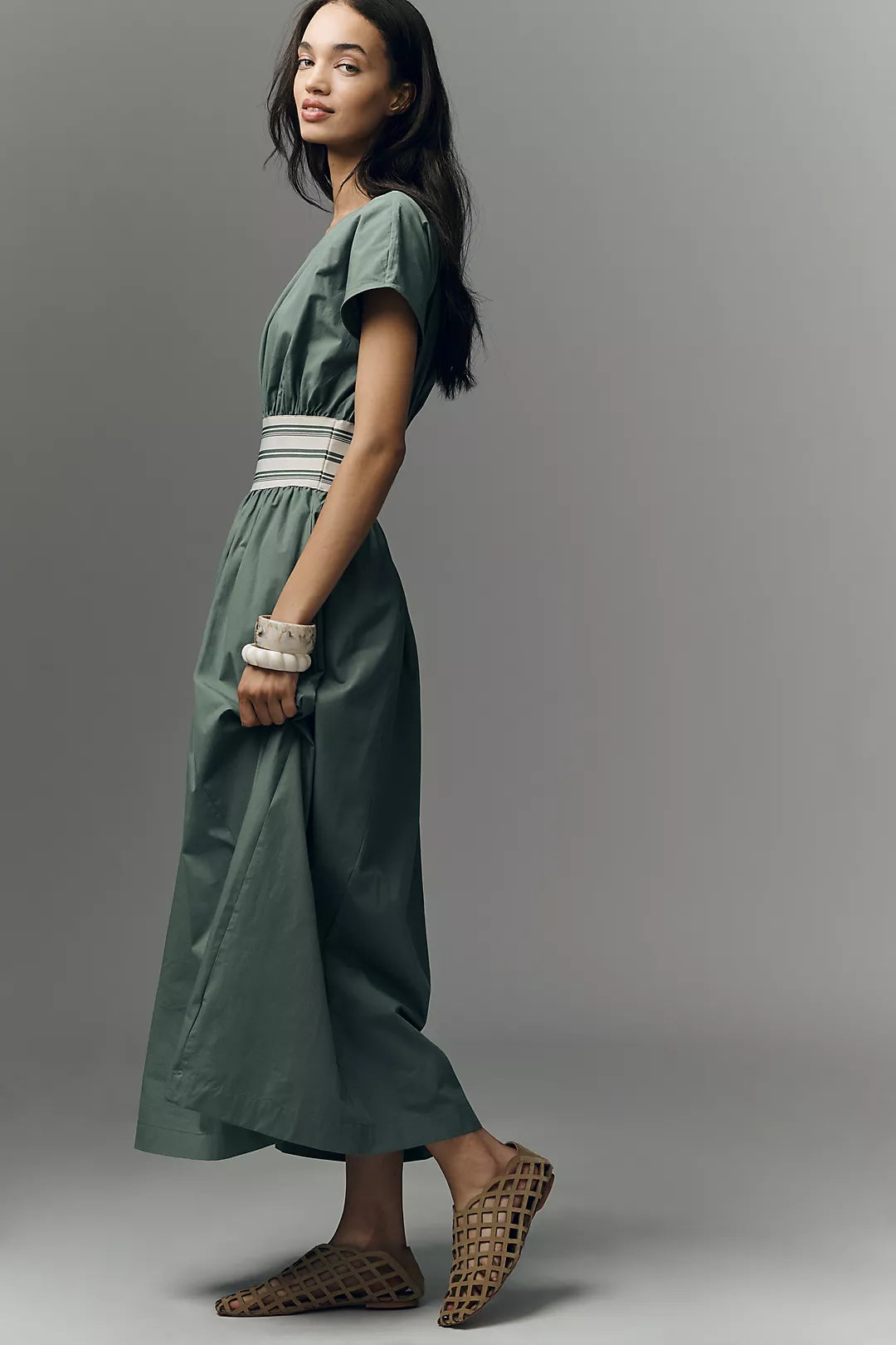 By Anthropologie Waisted Short-Sleeve A-Line Midi Dress