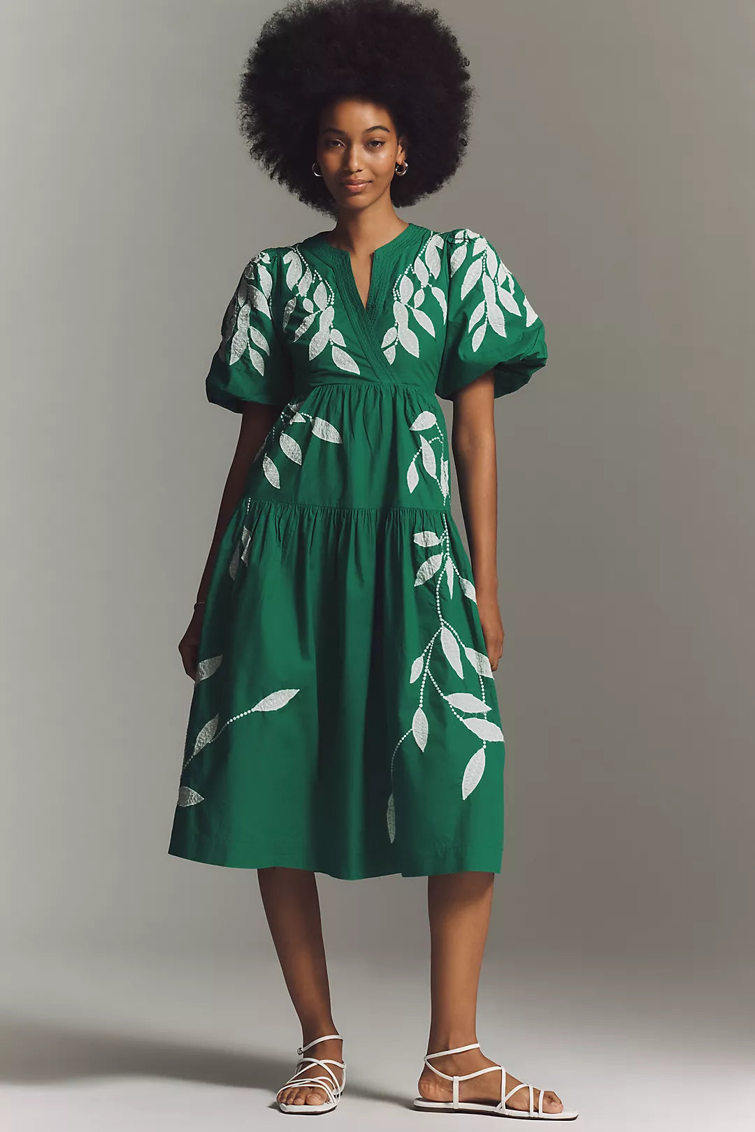 By Anthropologie Short-Sleeve Embroidered Appliqué Midi Dress