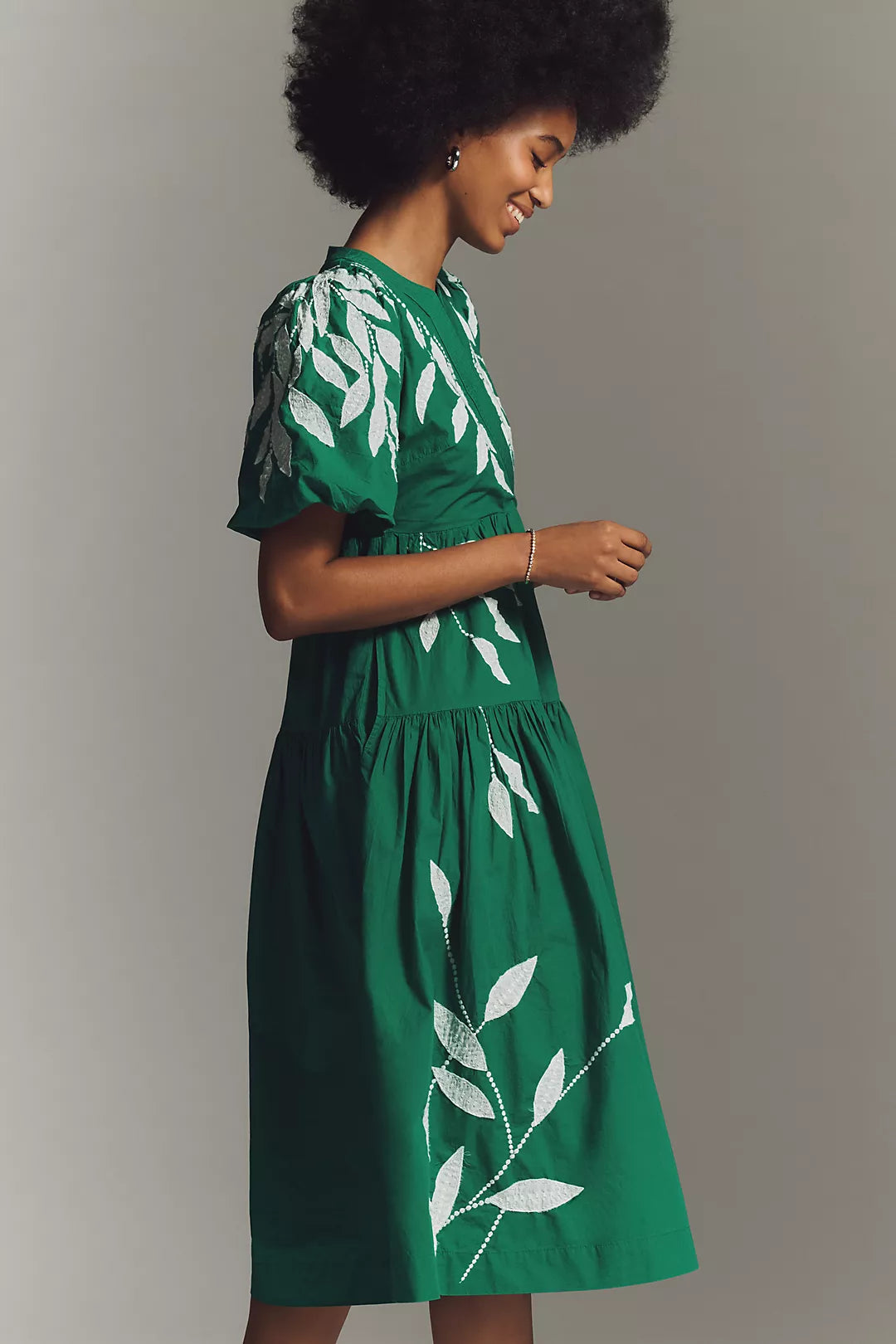 By Anthropologie Short-Sleeve Embroidered Appliqué Midi Dress