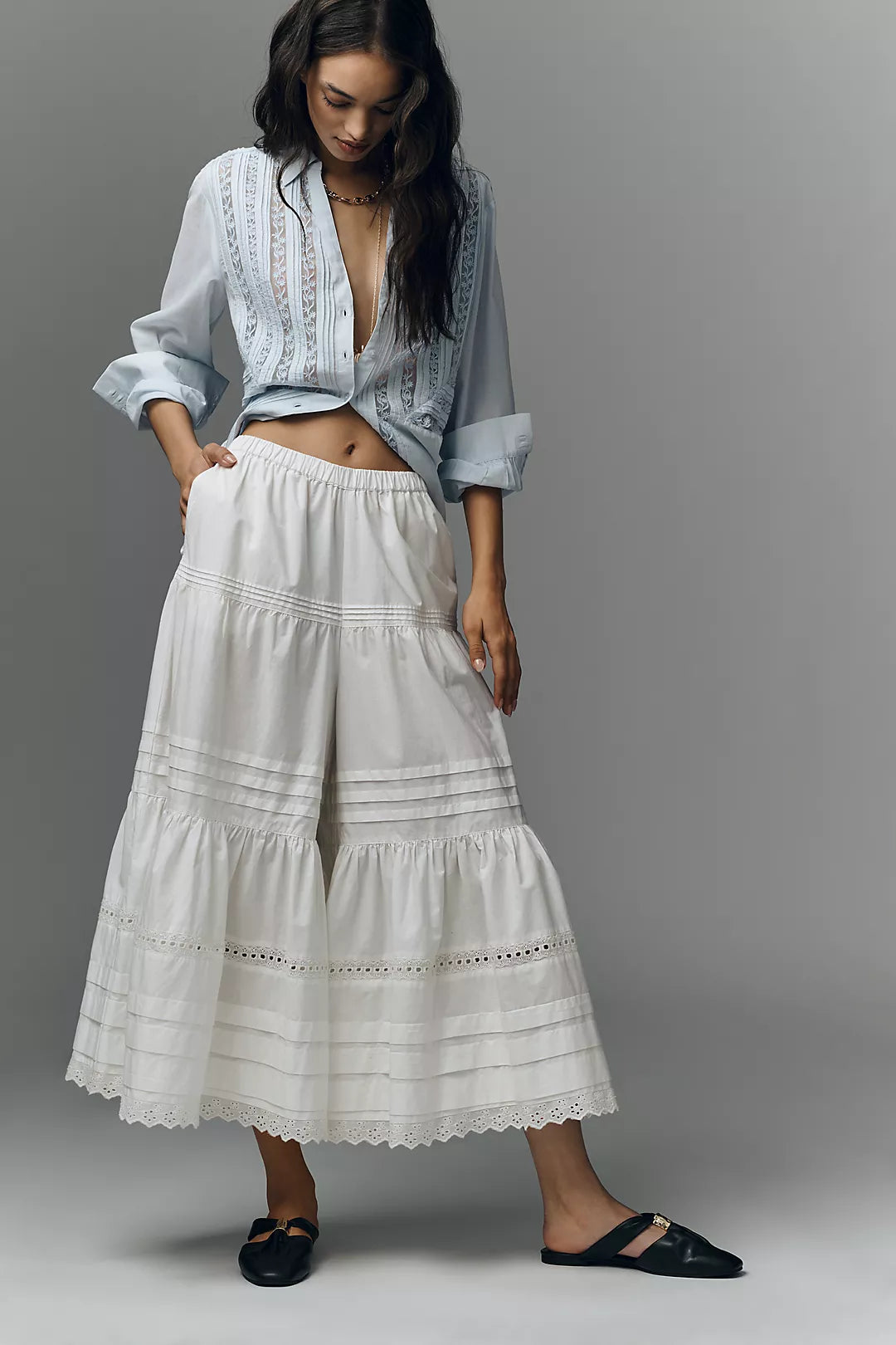 By Anthropologie Lace Petticoat Crop Wide-Leg Pants