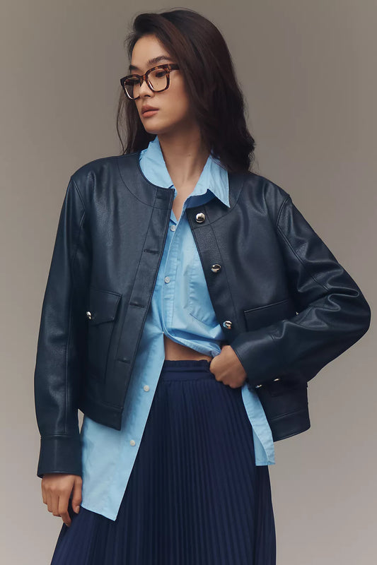 Maeve Crew-Neck Faux Leather Jacket